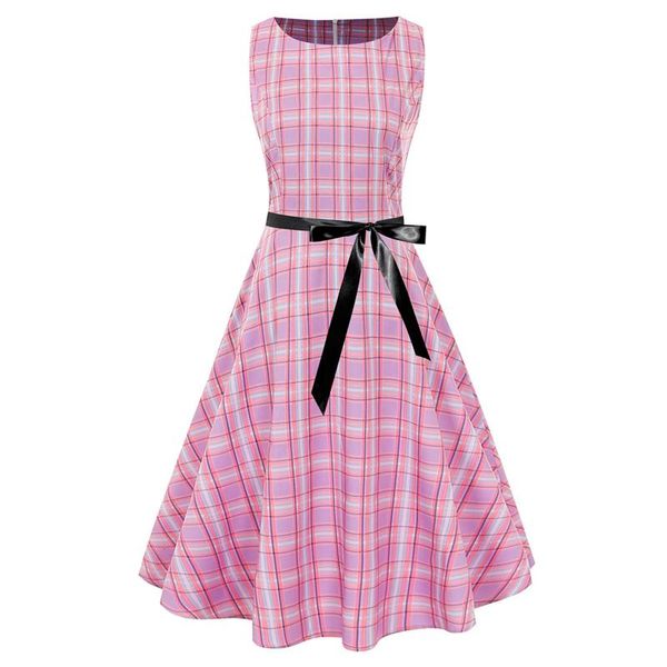 

casual dresses vintage christmas dress plaid printed lace-up swing party o-neck sleeveless xmas female vestidos, Black;gray