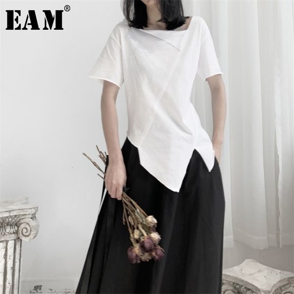 

[eam] women white asymmetrical split joint t-shirt new round neck short sleeve fashion tide spring autumn 19a-a662 210324