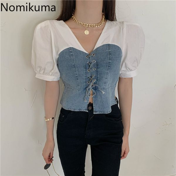 

nomikuma fashion demin patchwork women blouse lace up slim waist shirt new puff sleeve v-neck elegant 6g314 210427, White