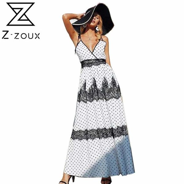 

women dress lace stitching dot print maxi es deep v neck spaghetti strap high waist long bohemian es 210513, Black;gray