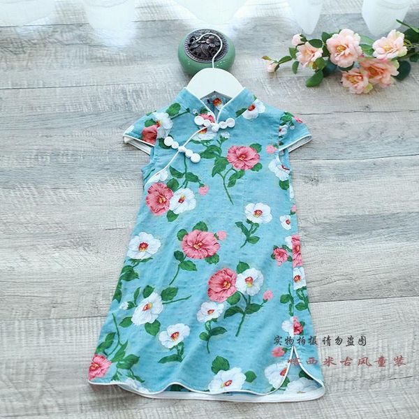 

ethnic clothing big flowers tencel cotton short-sleeved cheongsam dress children's skirt girls 2021 summer, Red