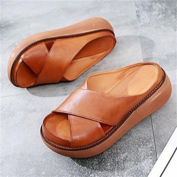 

sandals 2021 cool european and american style pu muffin sole mid-heel crossover outer wear large size women's shoes, Black