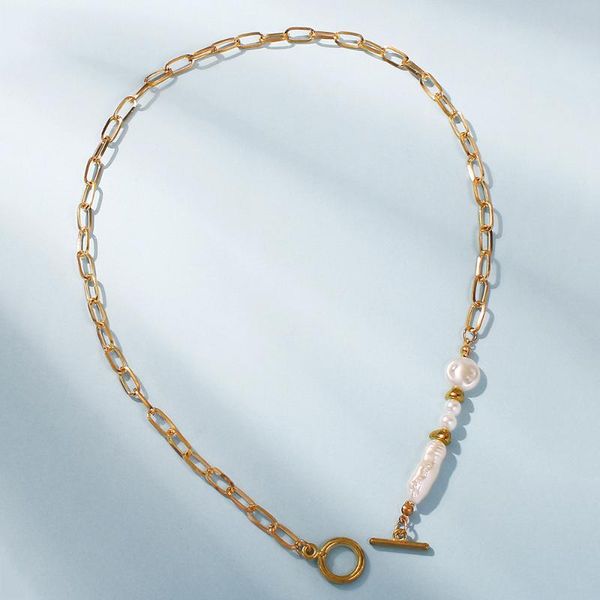 

sjch-458 minimalist baroque irregular pearls toggle clasp necklaces for women vintage punk circle necklace couple female jewelry chokers, Golden;silver