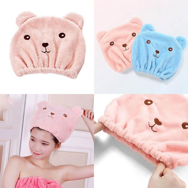 

children cute bear bathing drying towel head wrap soft cotton microfiber quickly dry hair elastic hat turban for girl