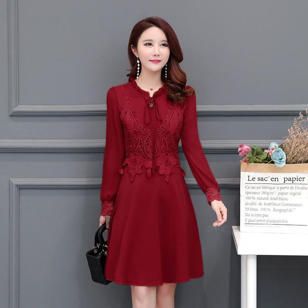 

casual dresses long sleeve chiffon dress 2021 women lace loose ladies v-neck a-line party vestidos de fiesta, Black;gray