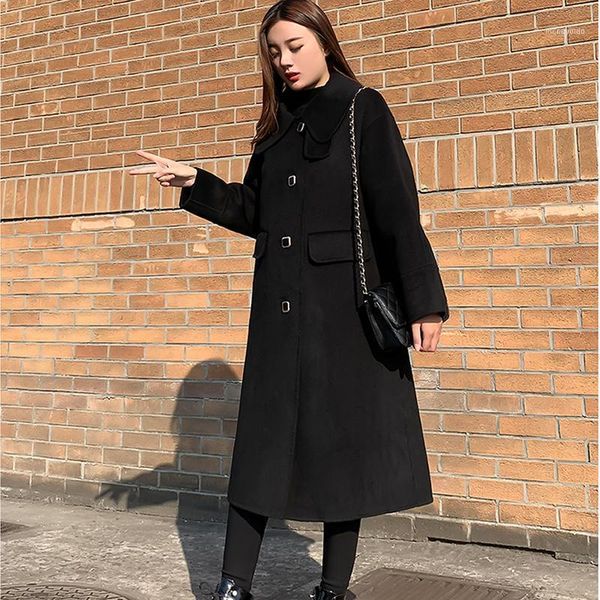 

women's wool & blends woolen coat 2021 autumn winter turn-down collar warm long sleeve outwear jacket ladies casual elegant ove, Black