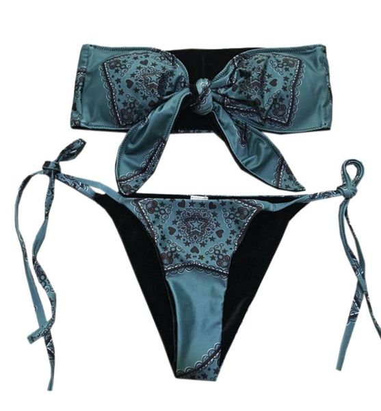 

women's swimwear bow bandeau bikini 2021 vintage print padded swimsuit brazilian strapless thong bikinis set micro bathing suit, White;black