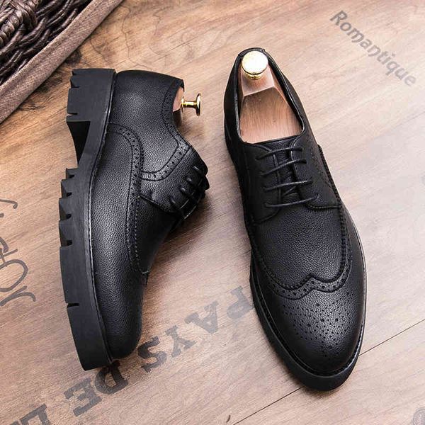 

dress shoes mens leather brand brogue men business lace-up formal oxford fashion printed wedding platform footwear ioyn, Black
