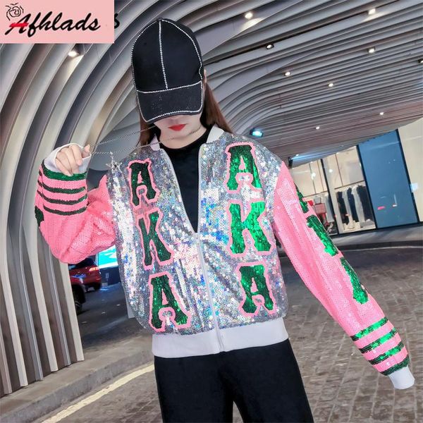 

women's jackets 2021 spring and autumn letter print jacket women hip hop party coat letters long sleeve sequins patchwork outerwear, Black;brown