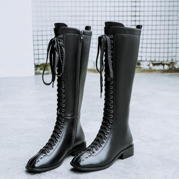 

boots 2021 women genuine cow leather long knee-high square toe designer shoes thick high heels motorcycle s0018, Black
