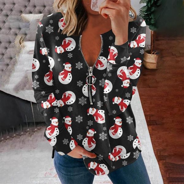 

women's hoodies & sweatshirts christmas pringting womens fashion casual zipper long sleeve moletom feminino las mujeres sweetshirts, Black