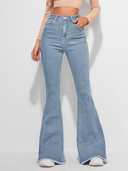 

high waist contrast stitch flare leg jeans k8v3#, Blue