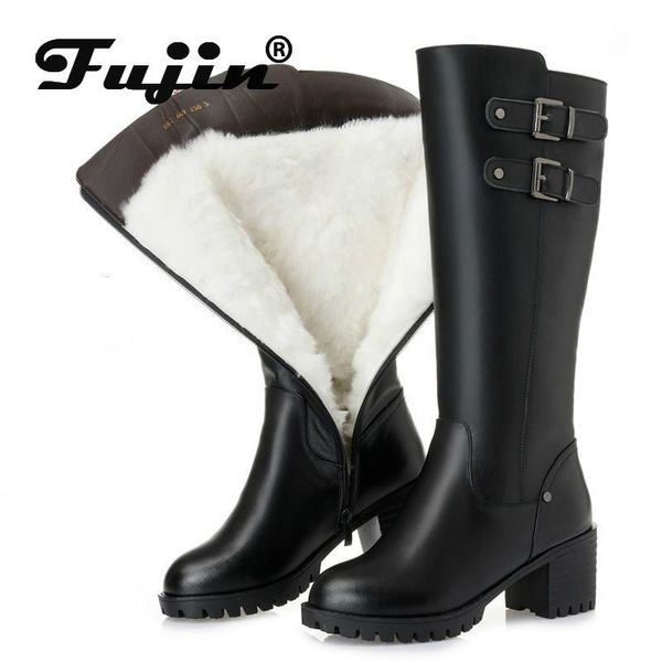 

boots fujin snow genuine leather wool women fashion zipper warm fur shoes plush platform for winter high, Black