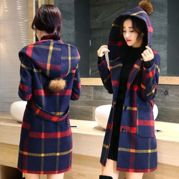 

women's wool & blends fashion lattice woolen jacket female spring autumn jackets mid-length hooded plaid blended coat outerwear w6, Black