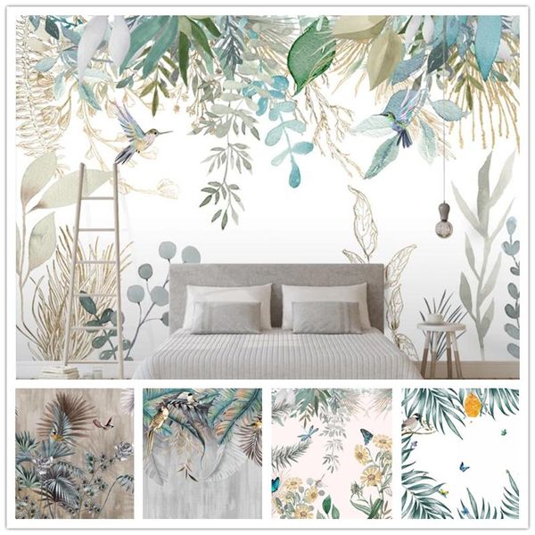 

wallpapers po wallpaper modern hand-painted tropical plant leaves flowers and birds murals living room bedroom 3d