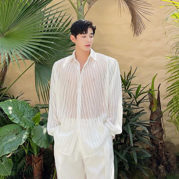 

men's casual shirts summer thin white shirt fashion breathable men streetwear korean loose long-sleeved mens dress, White;black