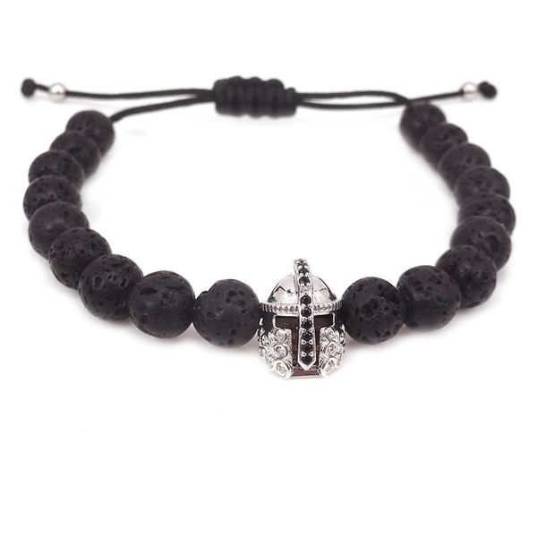 

tennis cool men gem stone bracelets silver color roman warrior helmet beads & black volcatic lava bead braid bracelet for women, Golden;silver