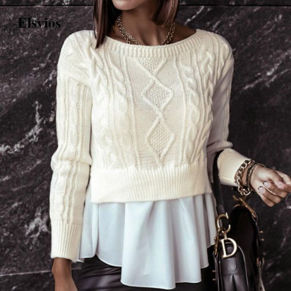 

women's sweaters elegant o neck women knitted sweater autumn long sleeve patchwork ruffle winter casual twist knit pullover jumper, White;black