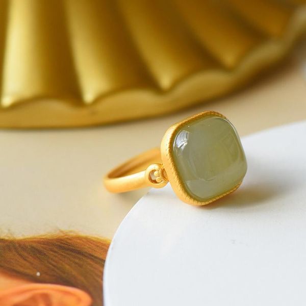 

cluster rings natural green jade ring with s925 sterling silver electroplated 18k gold jadeite jewelry 925, Golden;silver