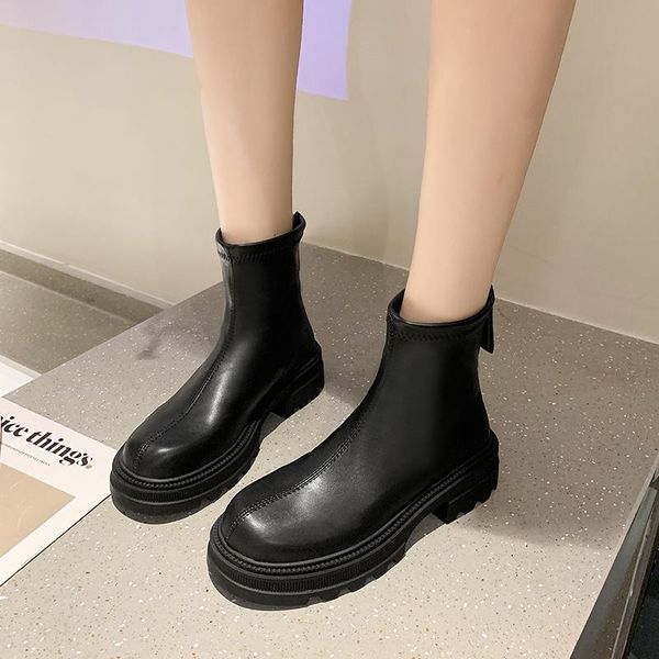 

boots 2021 winter women ankle round toe square-heels warm zip short, Black