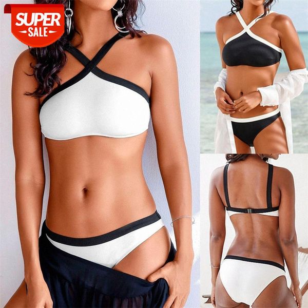 

bathing suits black and white cross halter low waist split bikini swimsuit ladies #jw6p, White;black