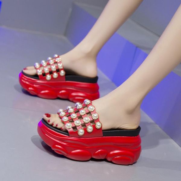 

slippers drop summer hollow out super high heels platform slides woman chunky beach pearls wedges thick bottom sandals, Black