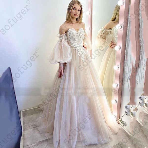 

other wedding dresses dusty pink fairy puff long sleeve bridal dress lace beaded glitter shiny gowns corset back casamento, White
