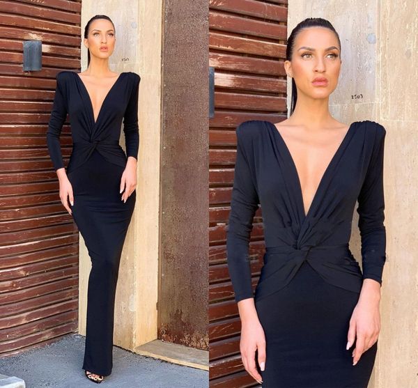 

black long mermaid evening dresses deep v neck simple plain floor length pleat prom dress pageant gown robe de soiree 2022, Black;red