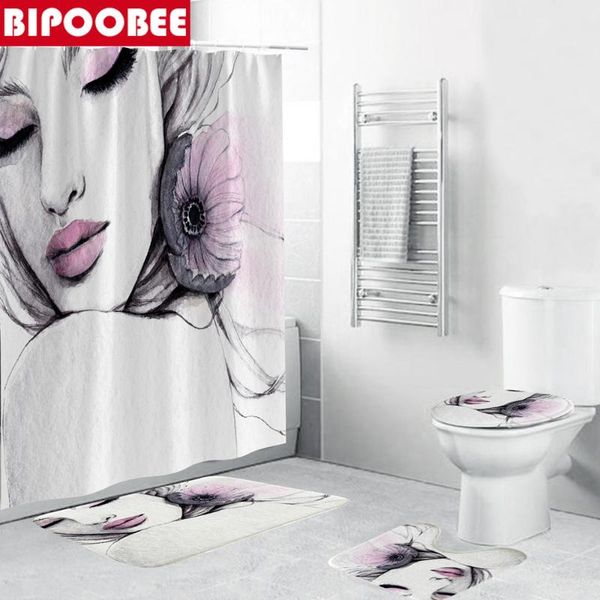 

shower curtains fashion lady girl print curtain set bath mats rugs white non-slip carpet toilet cover bathroom with hooks