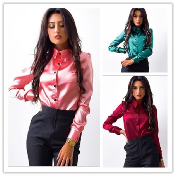 Camicetta da donna in raso di seta con bottoni risvolto maniche lunghe camicie da donna lavoro d'ufficio elegante femminile Blusa di alta qualità