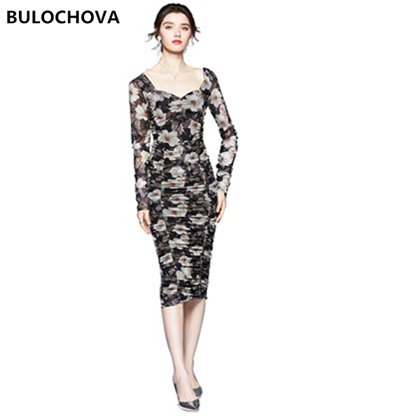 

casual dresses french mesh print women square collar long sleeve slim package hip pencil dress 2021 summer big size runway vestidos femme, Black;gray