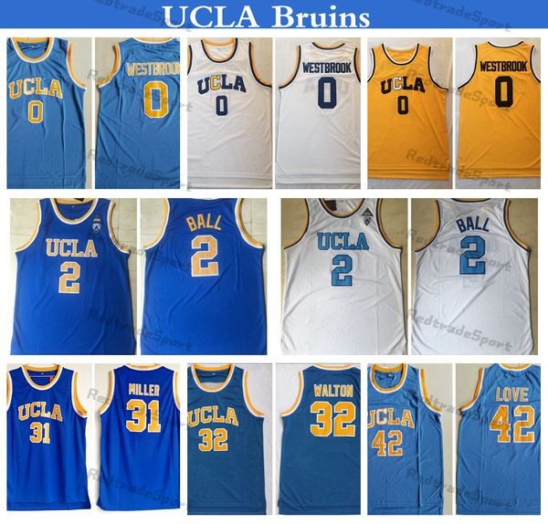 Мужская UCLA Bruins College Баскетбол Майки 0 Рассел Westbrook 2 Lonzo Ball NCAA Vintage 31 Reggie Miller 32 Bill Walton 42 Kevin Love Blue Shisted Рубашки S-XXL