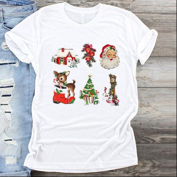 

women t shirts vintage cartoon santa clause holiday merry christmas print clothes graphic female tshirts shirt ladies tee, White