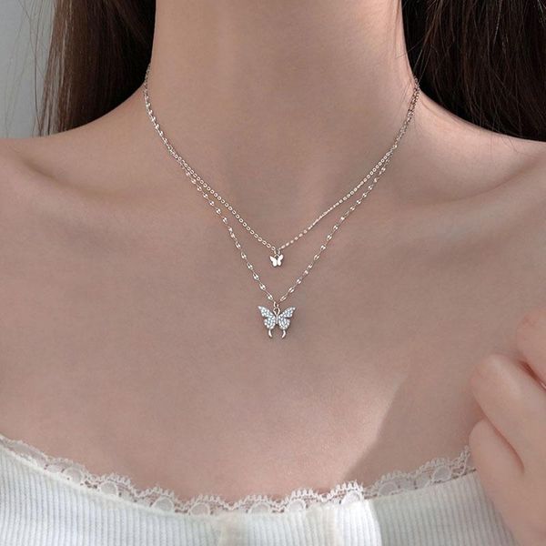 

pendant necklaces shiny butterfly necklace for women elegant double layer clavicle chain pendants gift girl choker jewelry, Silver