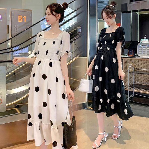 

9398# 2021 summer korean fashion maternity long dress elegant a line clothes for pregnant women sweet polka dot pregnancy dresses, White