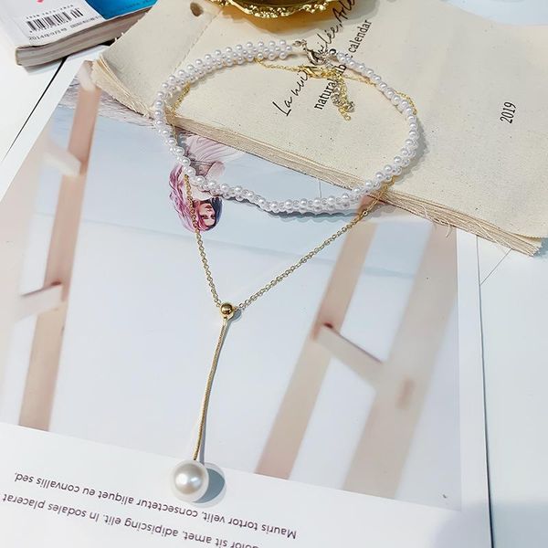 

chains pearl pendant necklace, japan and web celebrity double chain accessories choker necklace neck collar neckband clavicle, Silver