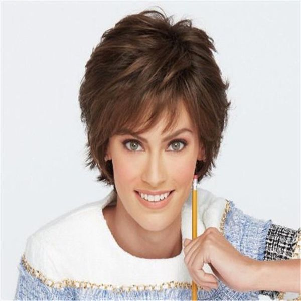 

ladies short brown nature wavy synthetic wig with bangs nature heat resistant synthetic looking daily party use for women, Black