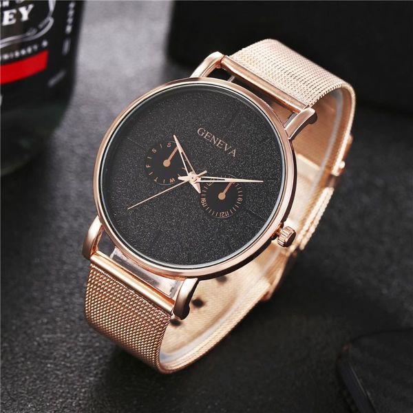 

wristwatches 2021 geneva men watch alloy two dial mesh band clock rose gold fashion casual dress watches relogio masculino, Slivery;brown
