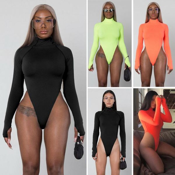

women's jumpsuits & rompers 2021 style solid ladies long sleeve playsuits high roll turtle neck bodysuit skinny fashion top, Black;white