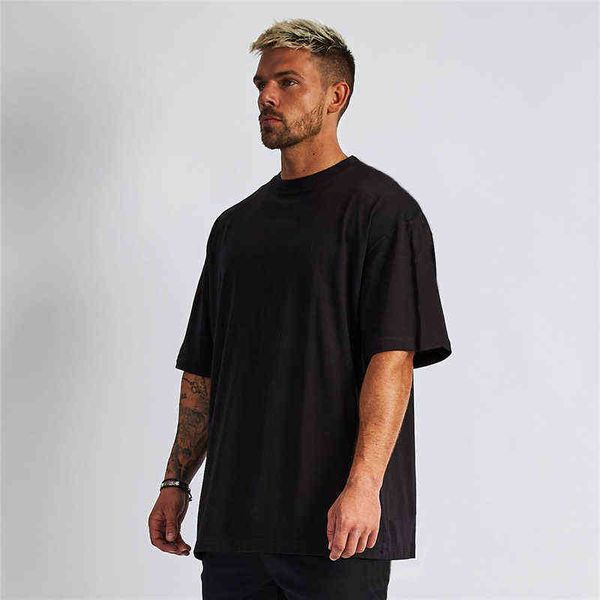 

mens oversized fit short sleeve t-shirt with dropped shoulder loose hip hop fitness t shirt summer gym bodybuilding tees g220216, White;black