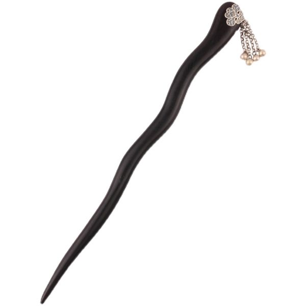 

ebony hairpin inlaid 925 sterling silver children's simple ancient style tassel literary modern hair jewelry headdress, Golden;silver