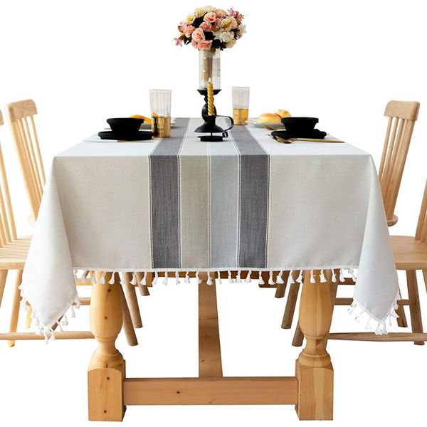 

table cloth black and gray cotton linen tablecloths, fabric striped tablecloths with tassels, kitchen decoration