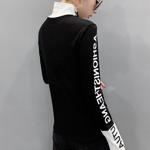 

women's t-shirt fall winter european clothes tshirt chic patchwork letter thick broshed long sleeve brushed cotton tees t00514a epr2, White