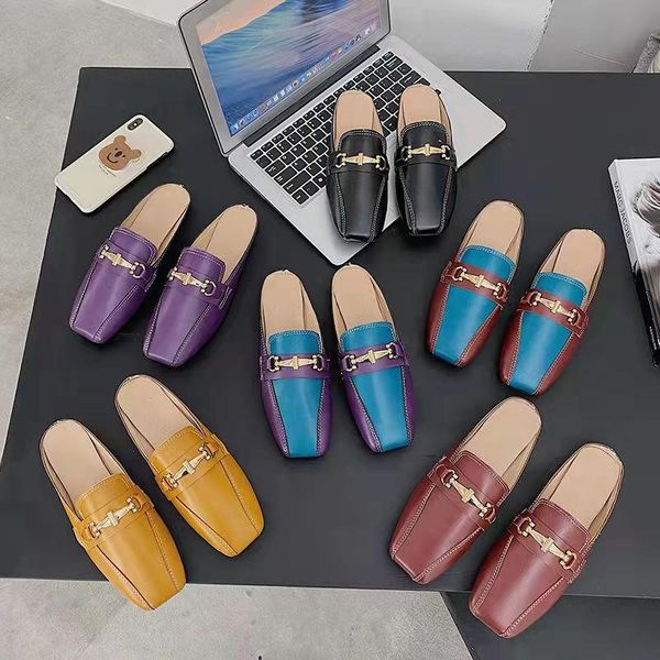 

slippers 2021 spring and autumn british style mules shoes color matching toe-covered casual flat outside sandals ladies, Black