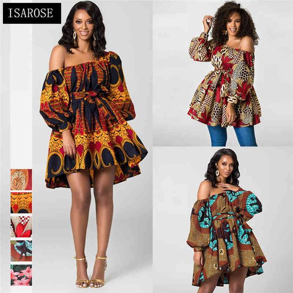 Mulheres Isarose Sexy Tops Oversized Vestido Múltiplo Vestindo Africano Rich Bazin Dashiki Vestidos Curtos Estiramento Stretch Pescoço Senhora Vestido 210422