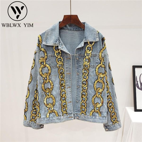 

women's jackets streetwear denim jackete women fashion sequins single breasted jeans jacket loose coat spring autumn basic tide, Black;brown