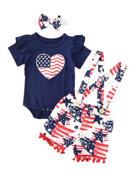 

citgeesummer born baby girls flying sleeve jumpsuit strars printed suspender shorts independence day outfits set clothes clothing sets, White