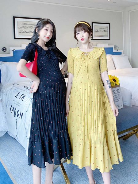 

maternity clothes summer sweet peter pan collar short sleeve pregnancy floral chiffon dress pregnant women pleated maxi dresses x0902, White