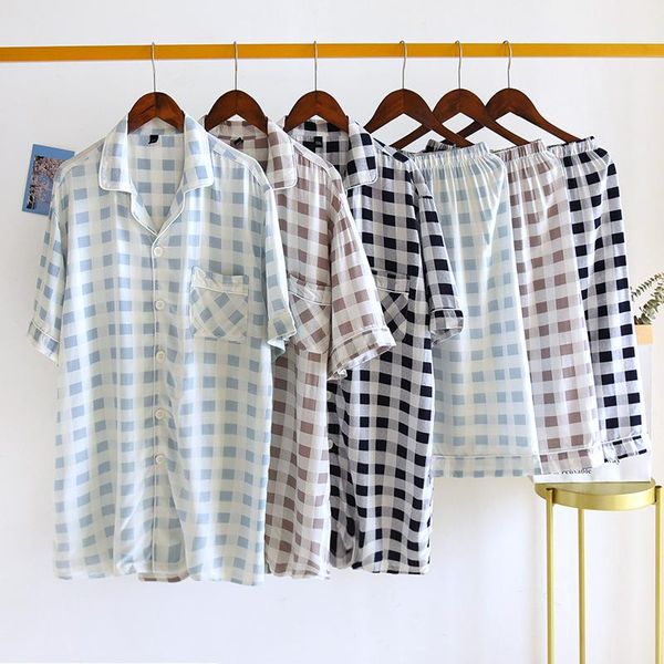 

men's sleepwear summer product cotton check short-sleeved shorts pajamas set fresh and simple comfortable ensembles homme pyjama, Black;brown