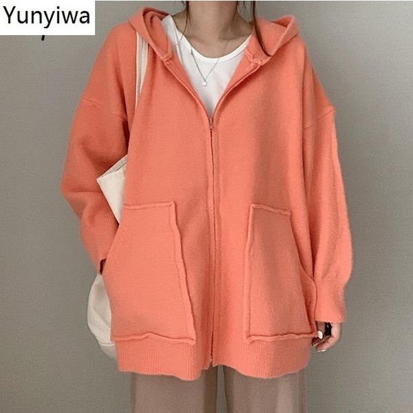 

solid color knitted double pockets zip coat long sleeve loose hooded jacket women autumn 2021 all-match femme women's jackets, Black;brown
